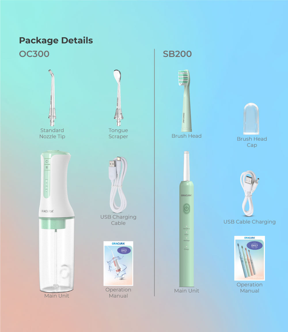 ORACURA® Daily Care Combo OC300 Smart Pro Water Flosser LITE & SB200 Sonic Lite Electric Rechargeable Toothbrush