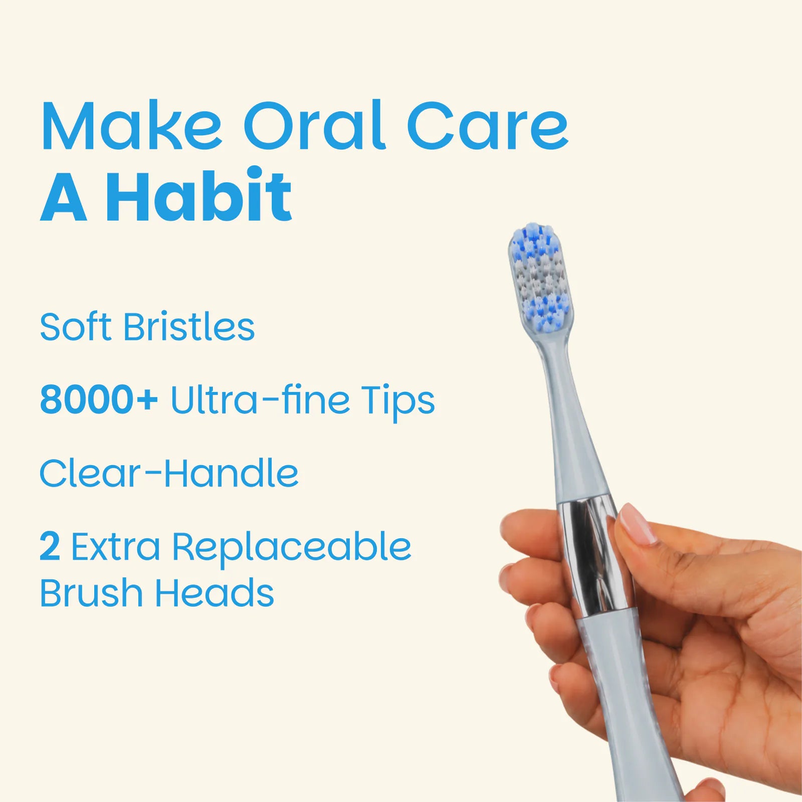 MB100 Replaceable Brushheads Manual Toothbrush – Blue – Soft bristles, 8000+ ultra-fine tips, clear handle and 2 extra replaceable brush heads