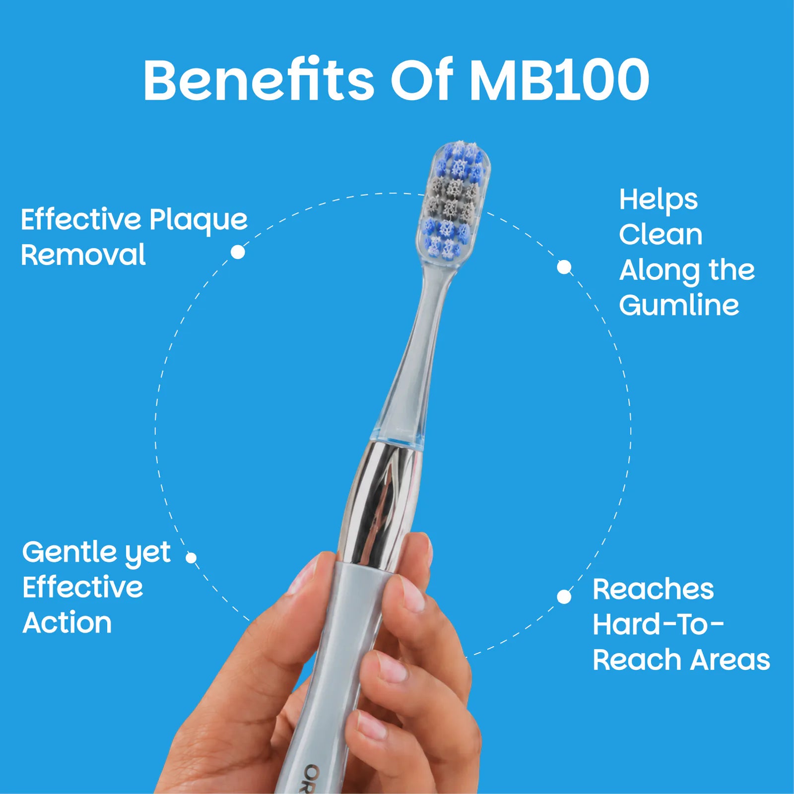 MB100 Replaceable Brushheads Manual Toothbrush – Blue – Benefits: plaque removal, cleans along the gumline, gentle yet effective, reaches hard-to-reach areas
