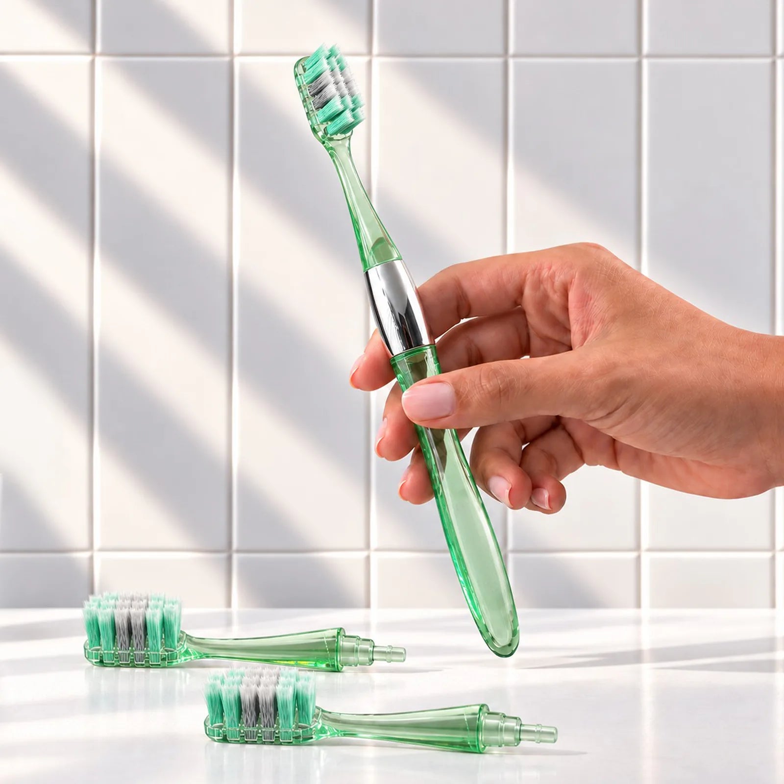 MB100 Replaceable Brushheads Manual Toothbrush – Green – In use, with two spare brush heads