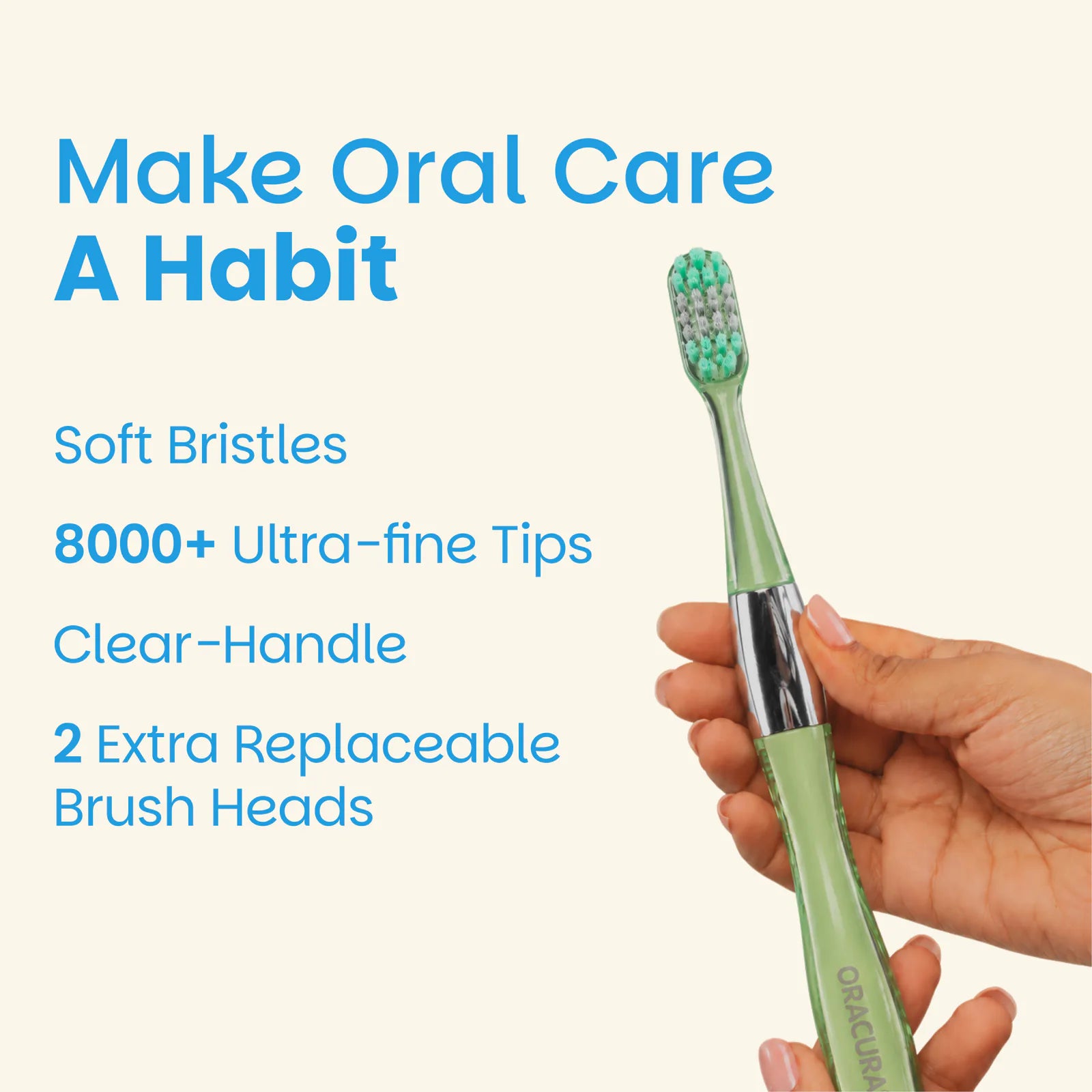 MB100 Replaceable Brushheads Manual Toothbrush – Green – Soft bristles, 8000+ ultra-fine tips, clear handle and 2 extra replaceable brush heads