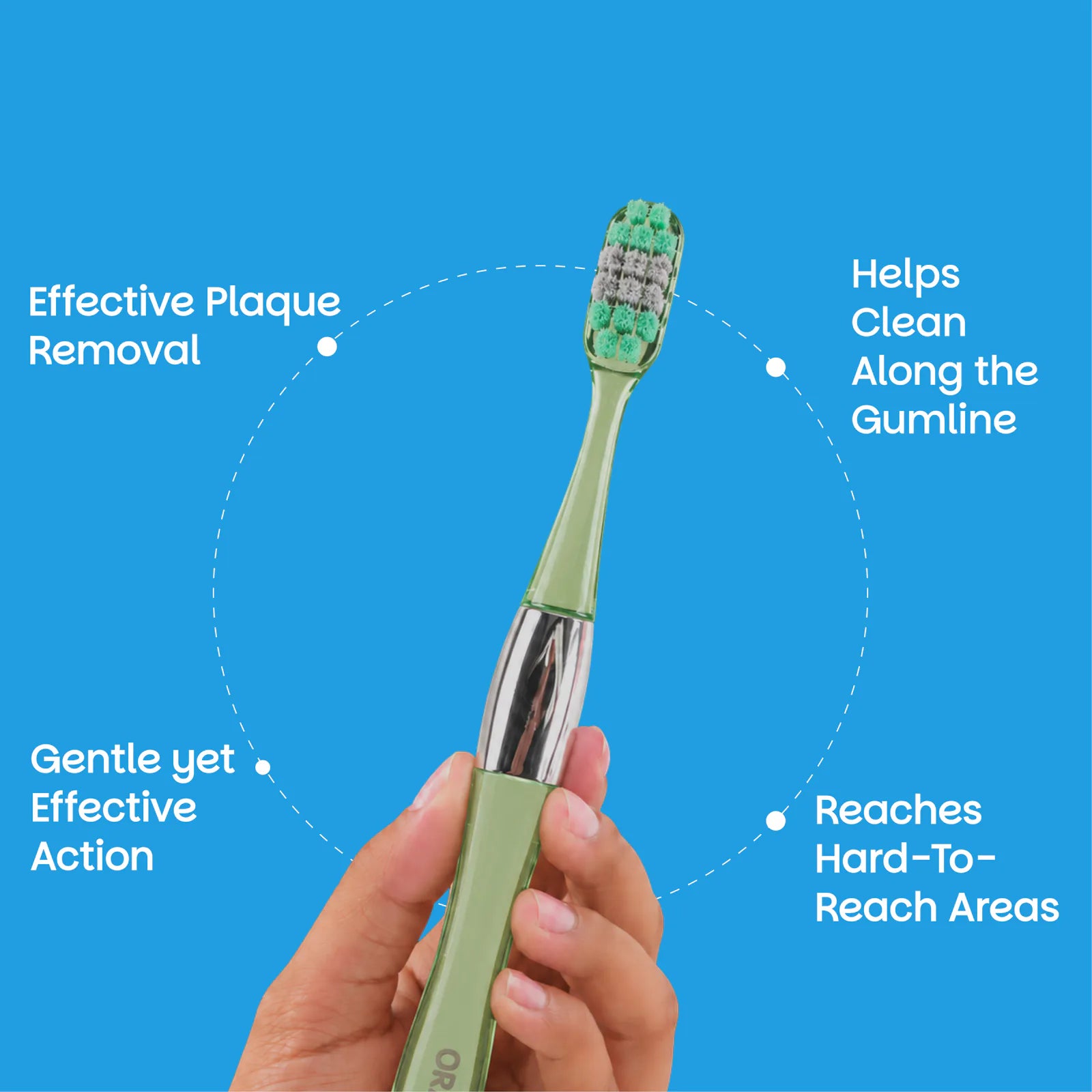 MB100 Replaceable Brushheads Manual Toothbrush – Green – Benefits: plaque removal, cleans along the gumline, gentle yet effective, reaches hard-to-reach areas