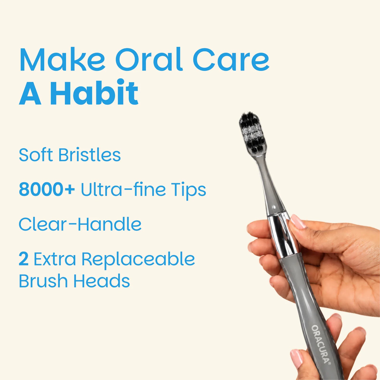 MB100 Replaceable Brushheads Manual Toothbrush – Grey – Soft bristles, 8000+ ultra-fine tips, clear handle and 2 extra replaceable brush heads