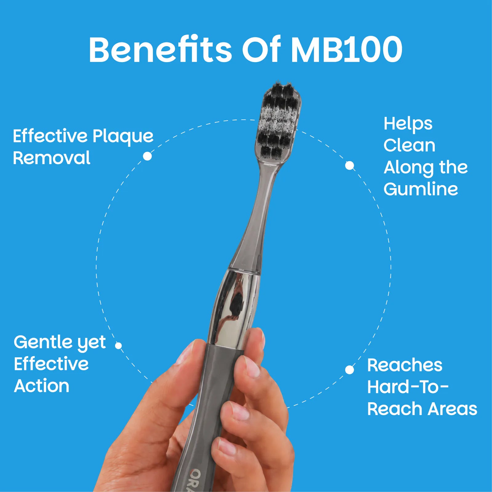 MB100 Replaceable Brushheads Manual Toothbrush – Grey – Benefits: plaque removal, cleans along the gumline, gentle yet effective, reaches hard-to-reach areas