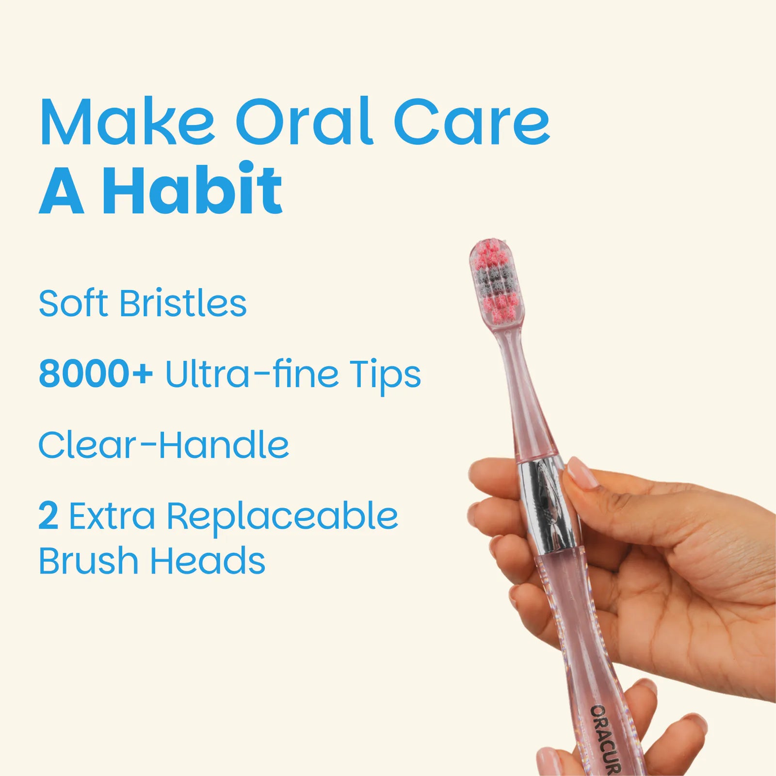 MB100 Replaceable Brushheads Manual Toothbrush – Peach – Soft bristles, 8000+ ultra-fine tips, clear handle and 2 extra replaceable brush heads